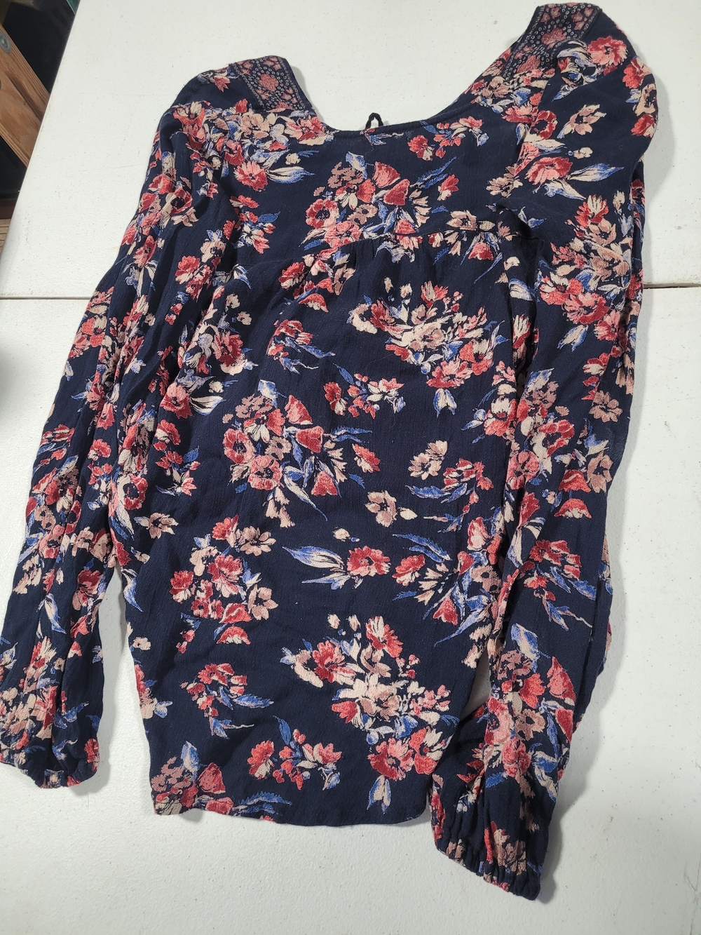 Hollister Navy Floral Wrap Blouse with Pink and Cream Accents - Picture 3 of 3